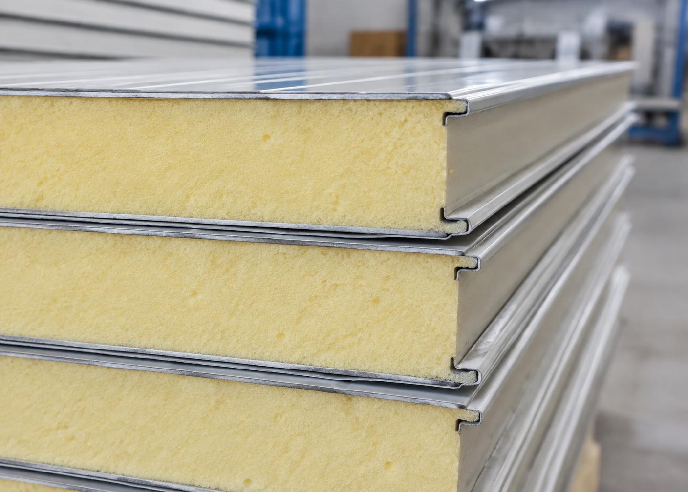 Cut section of a PUF sandwich panel showing rigid foam core between steel skins