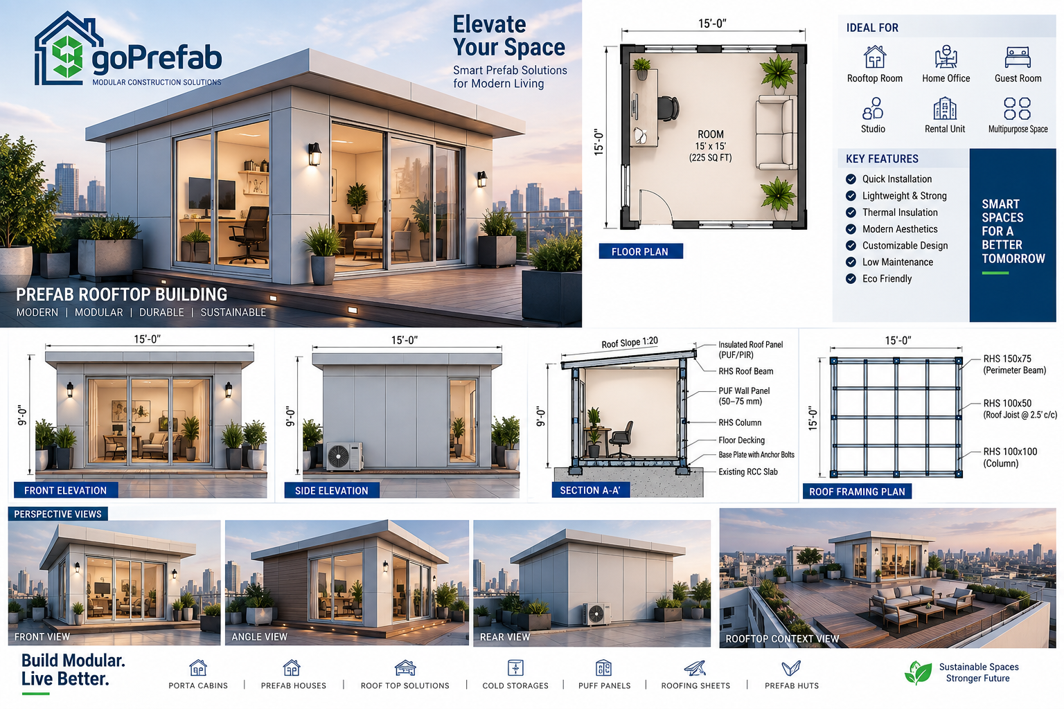 GoPrefab rooftop cabin design overview with floor plan, elevations, section and framing layout