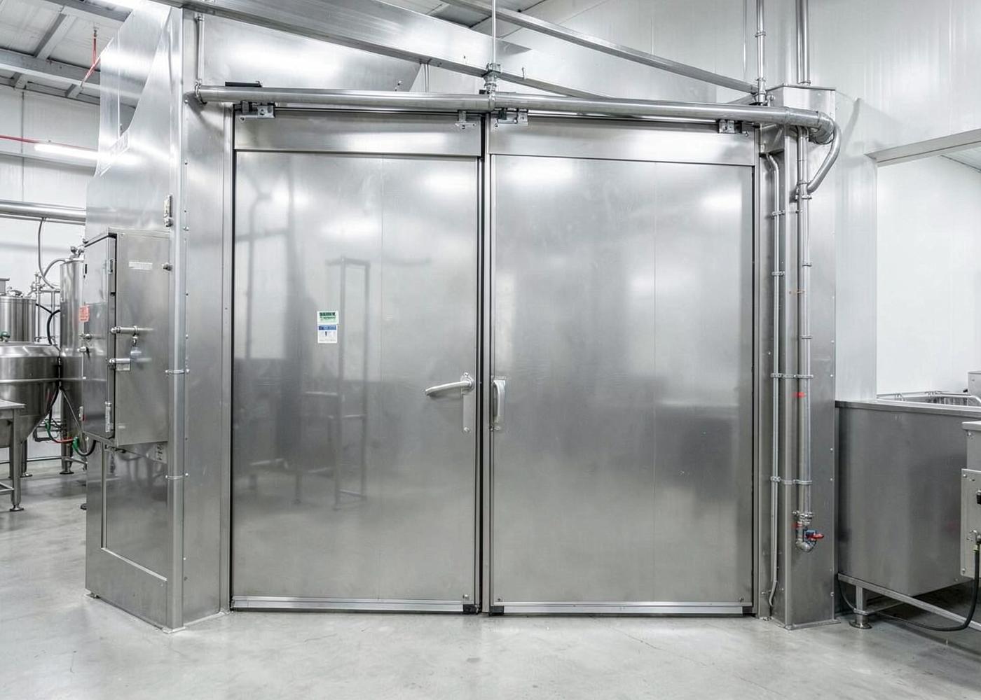 Large stainless steel insulated cold storage sliding door in a processing facility