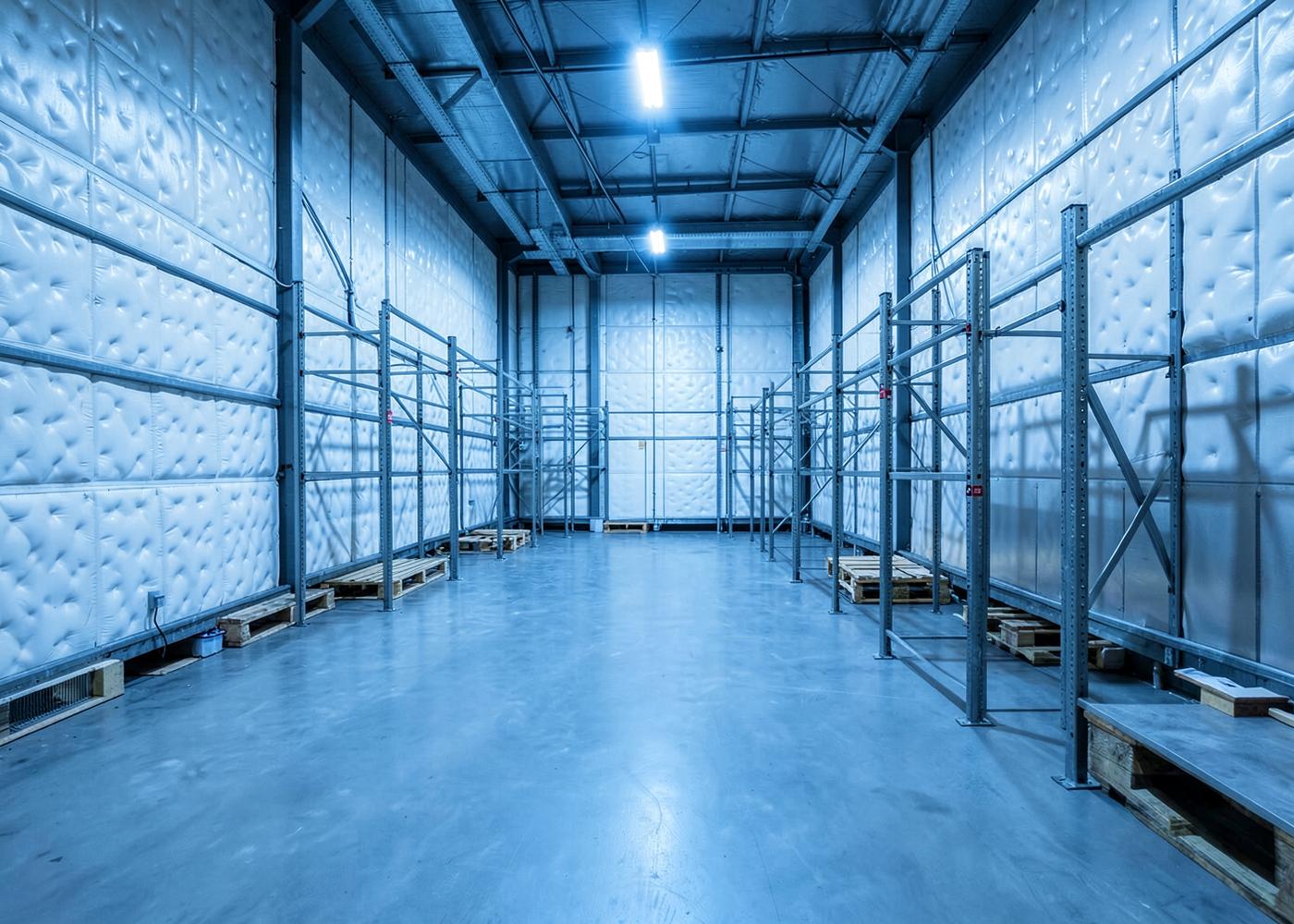 Interior of an insulated cold storage warehouse with PUF panel walls and steel racking