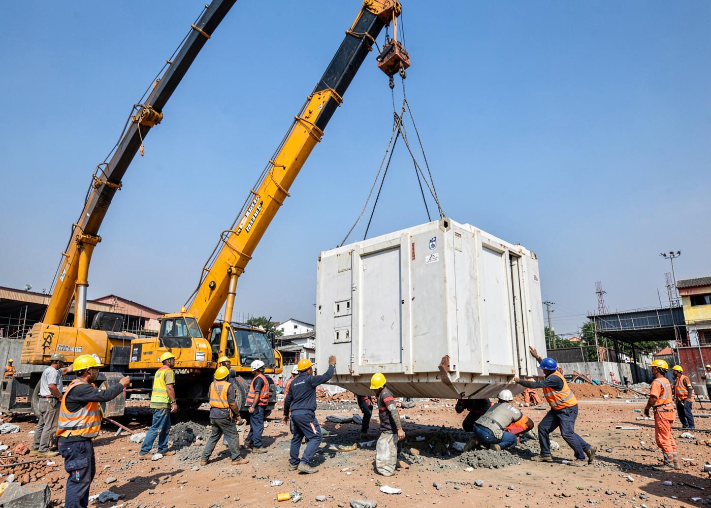 Industrial structure being erected before roof sheeting