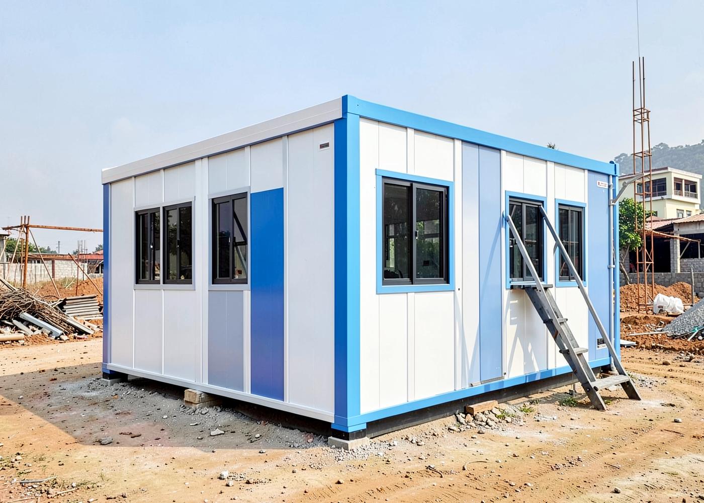Blue and white GoPrefab porta cabin site office installed at a construction site