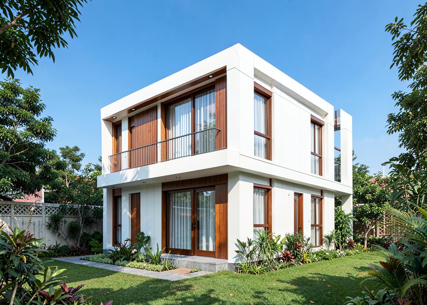Modern two-storey prefabricated house with white panels and wooden accents in a garden