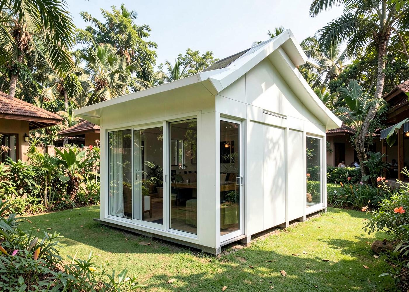 White prefab hut with sloped roof and glass doors in a landscaped garden
