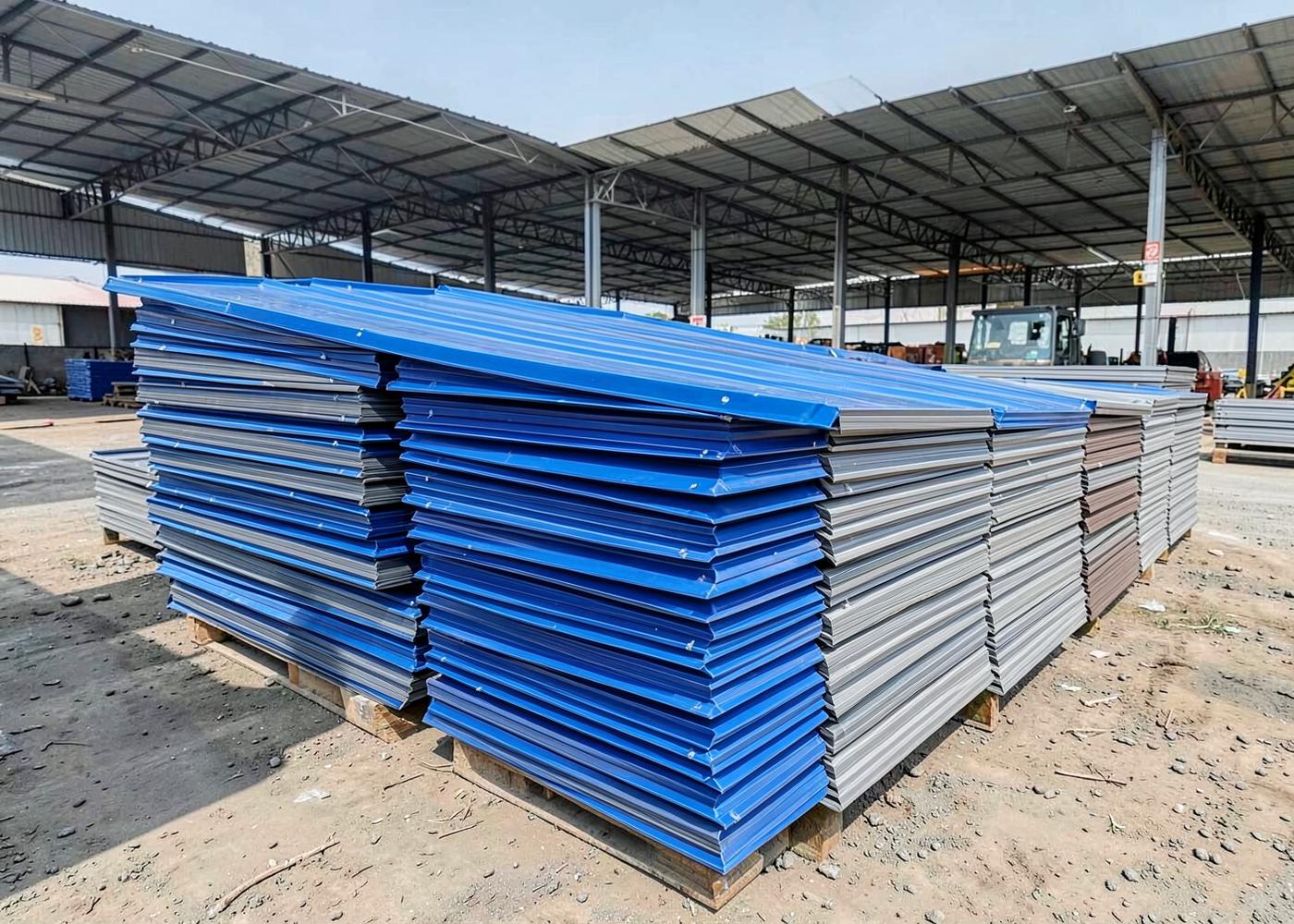 Stacks of blue and grey colour-coated trapezoidal roofing sheets at an industrial yard